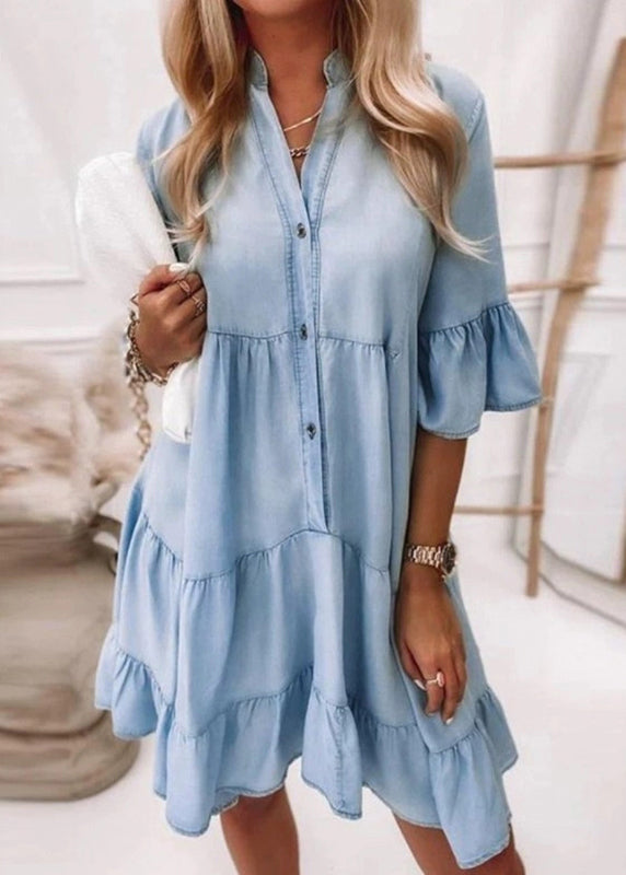 Denim Dresses V Handmade Vacation Mid Flare Neck Patchwork Blue