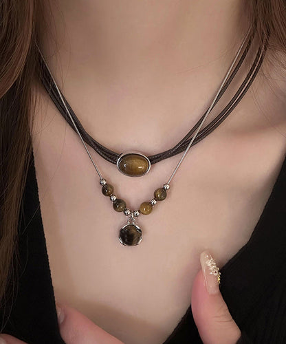 Handmade Brown Alloy Tiger Eye Stone Tassel Two Piece Set Pendant Necklace WI005