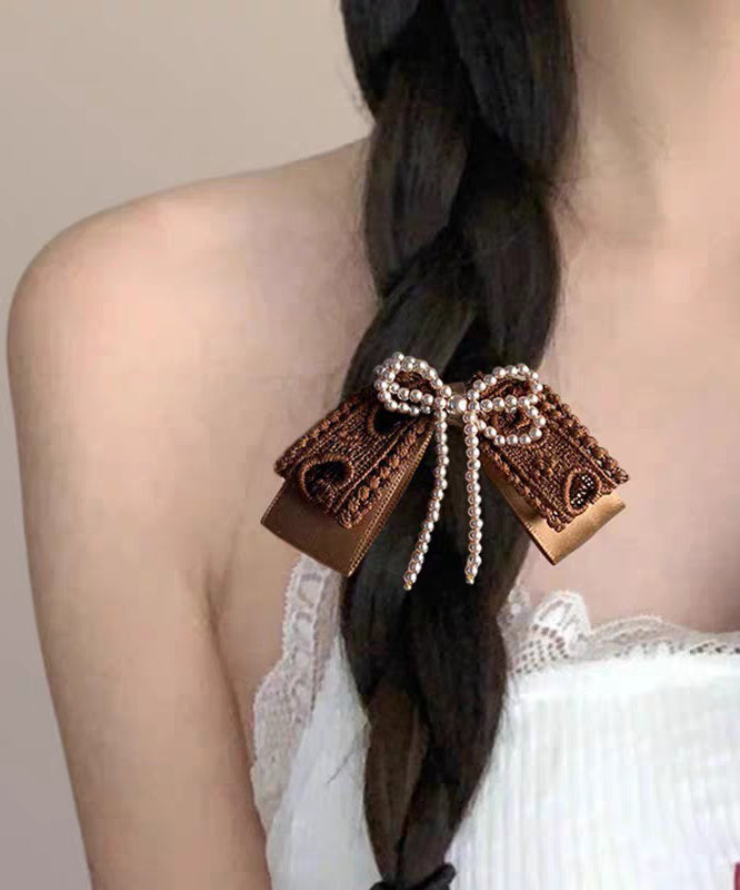 Hairpin Handmade Bow Fabric Pearl Art Brown