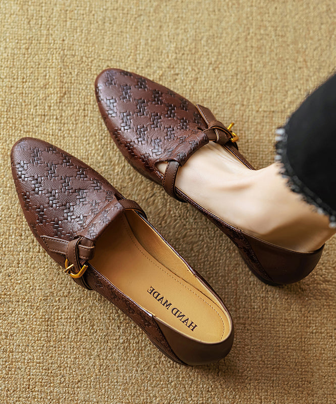 Cowhide Handmade Shoes Flat Feet Pointed Toe Brown Leather