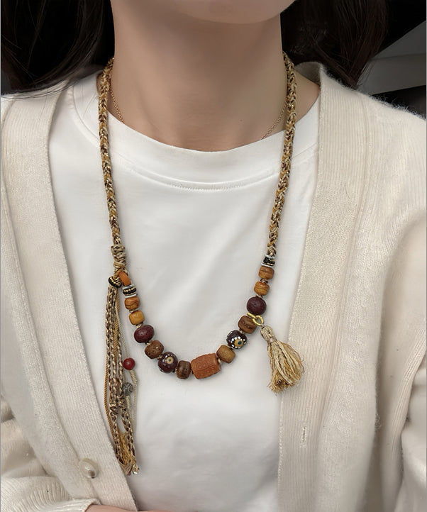 Handmade Brown Hand Woven Old Coloured Glaze Tassel Gratuated Bead Necklace QD011