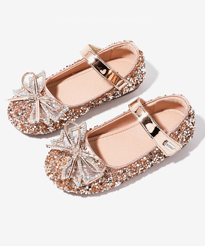 Chaussures Filles Champagne Boucle Nœud Plat Fait Main Sangle Zircon