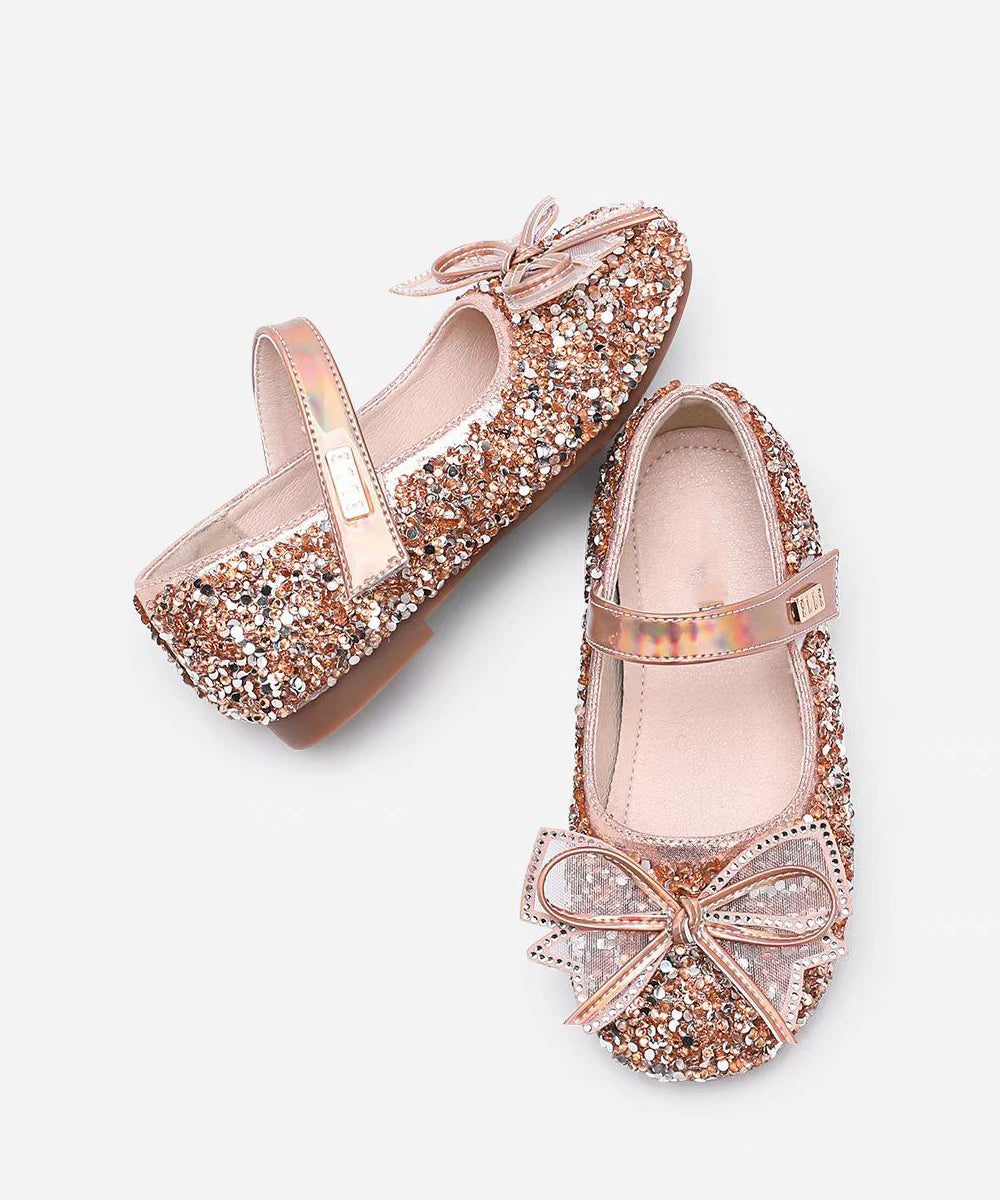Chaussures Filles Champagne Boucle Nœud Plat Fait Main Sangle Zircon