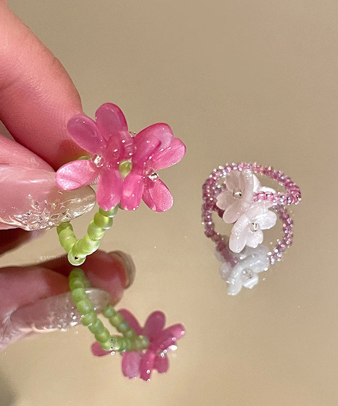 Set Handmade Colorblock Two-Piece Floral Acrylic Beads Rings