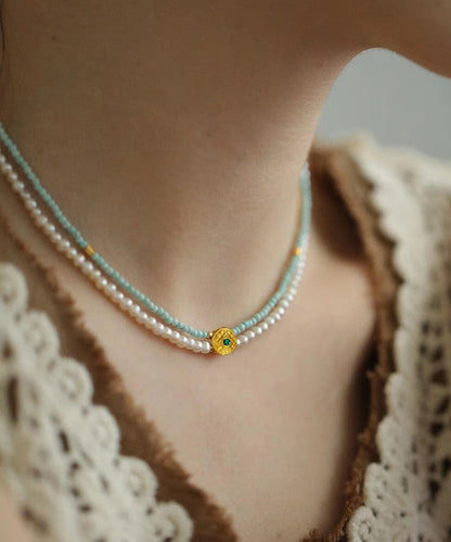 Handmade Colorblock Alloy Turquoise Double Layer Beading Gratuated Bead Necklace WZ013