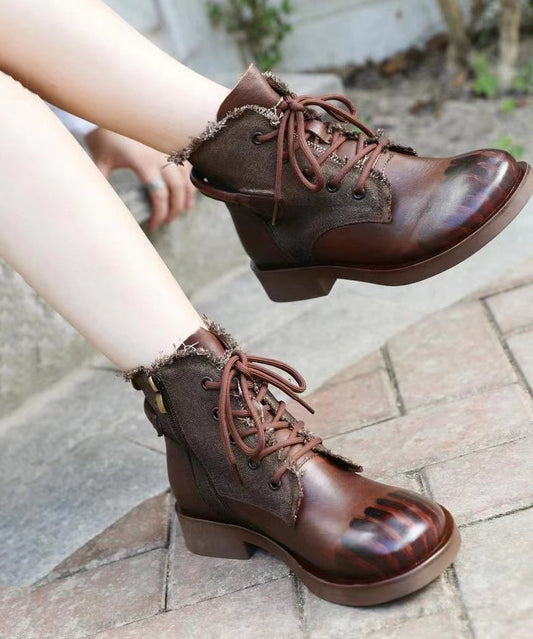 Handmade Comfy Brown Cowhide Leather Splicing Boots Lace Up OM003