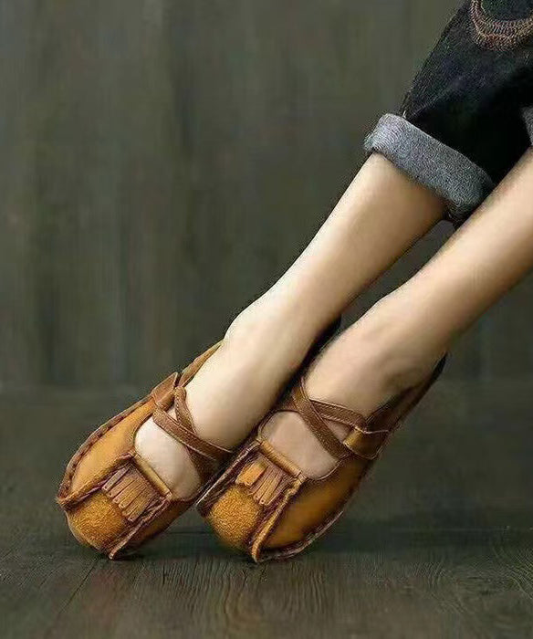 Handmade Comfy Flats Shoes Khaki Cowhide Leather RT1018