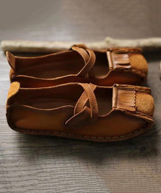 Handmade Comfy Flats Shoes Khaki Cowhide Leather RT1018