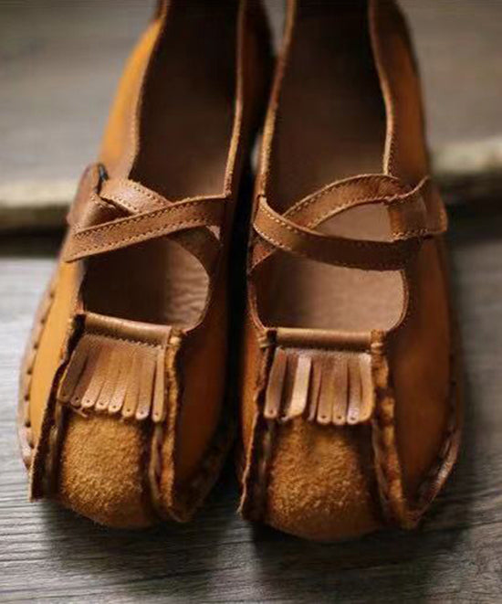 Handmade Comfy Flats Shoes Khaki Cowhide Leather RT1018