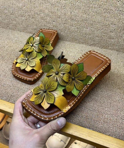 Handmade Cowhide Leather Yellow Green Floral Slide Sandals OI025