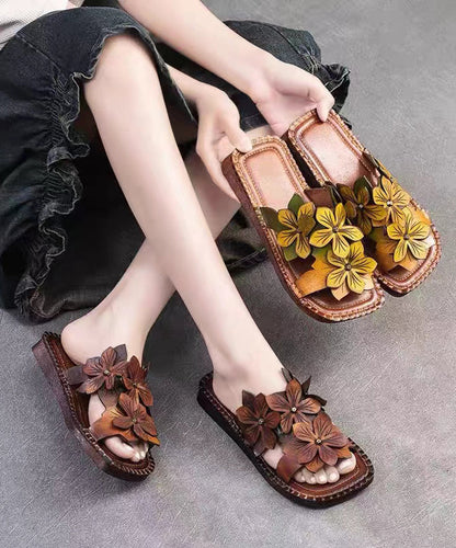 Handmade Cowhide Leather Yellow Green Floral Slide Sandals OI025