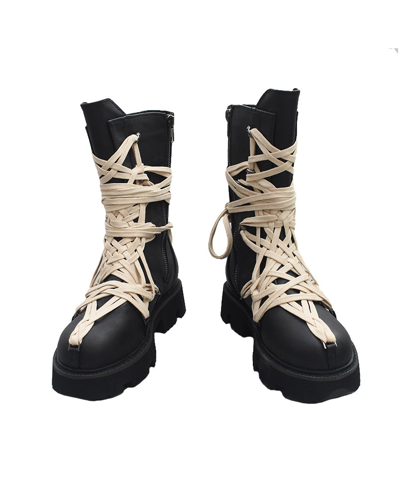 Handmade Cross Strap Platform Boots Black Cowhide Leather OI062