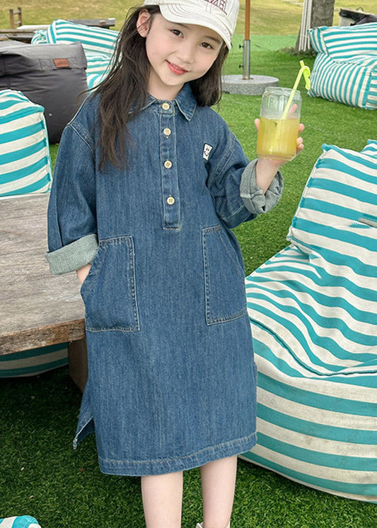 Robe longue en denim bleu fait main, col Peter Pan, patchwork de boutons, pour enfant, printemps TV024