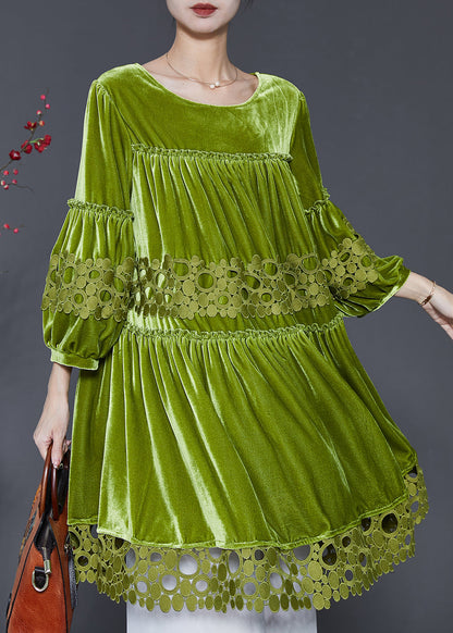 Handmade Grass Green Oversized Patchwork Silk Velvet Dresses Spring SD1103