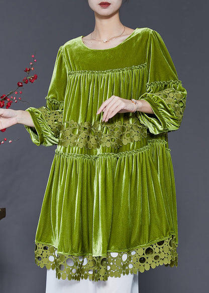 Handmade Grass Green Oversized Patchwork Silk Velvet Dresses Spring SD1103