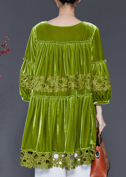 Handmade Grass Green Oversized Patchwork Silk Velvet Dresses Spring SD1103