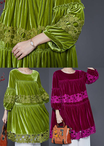 Handmade Grass Green Oversized Patchwork Silk Velvet Dresses Spring SD1103