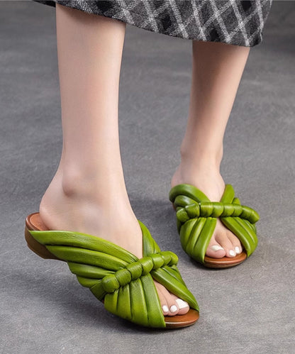 Handmade Green Cowhide Leather Peep Toe Slide Sandals JJ080