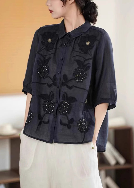 Shirt Half Handmade Sleeve Button Green Linen Embroidered