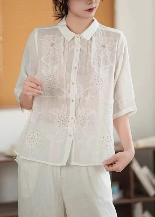 Shirt Half Handmade Sleeve Button Green Linen Embroidered