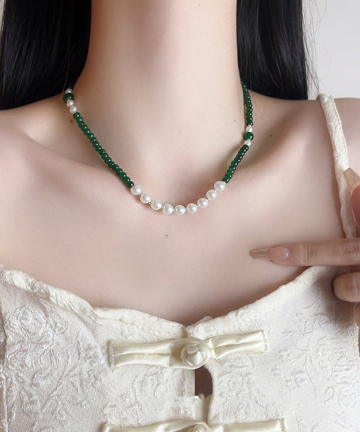 Collier de perles en forme de poire en agate verte en argent sterling fait à la main AB1091