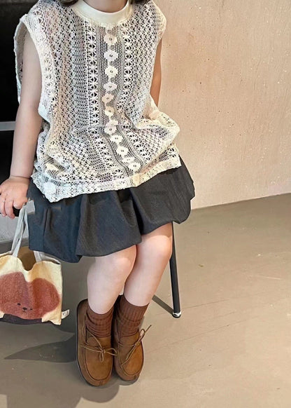 Handmade Hollow Out Knit Girls Vest And Pants Skirt Two Pieces Set Sleeveless SS1021