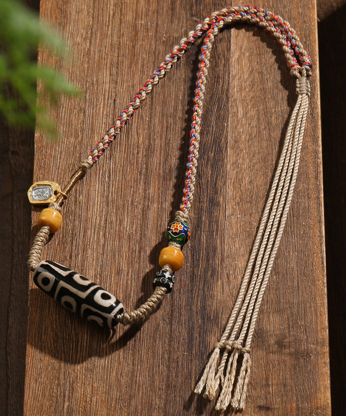 Handmade Khaki Cloisonne Barrel Bead Tassel Lariat Necklace GH1036