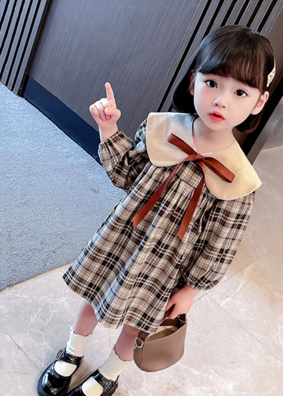 Handmade Khaki Plaid Bow Detachable Girls Mid Dresses Long Sleeve SS1050