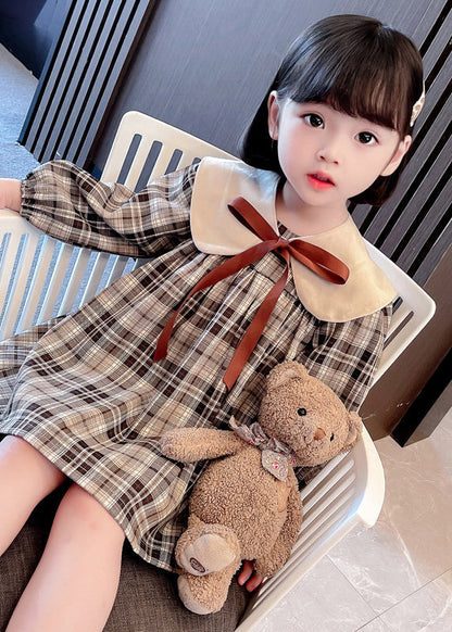 Handmade Khaki Plaid Bow Detachable Girls Mid Dresses Long Sleeve SS1050