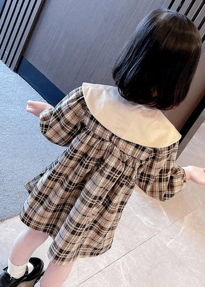 Handmade Khaki Plaid Bow Detachable Girls Mid Dresses Long Sleeve SS1050