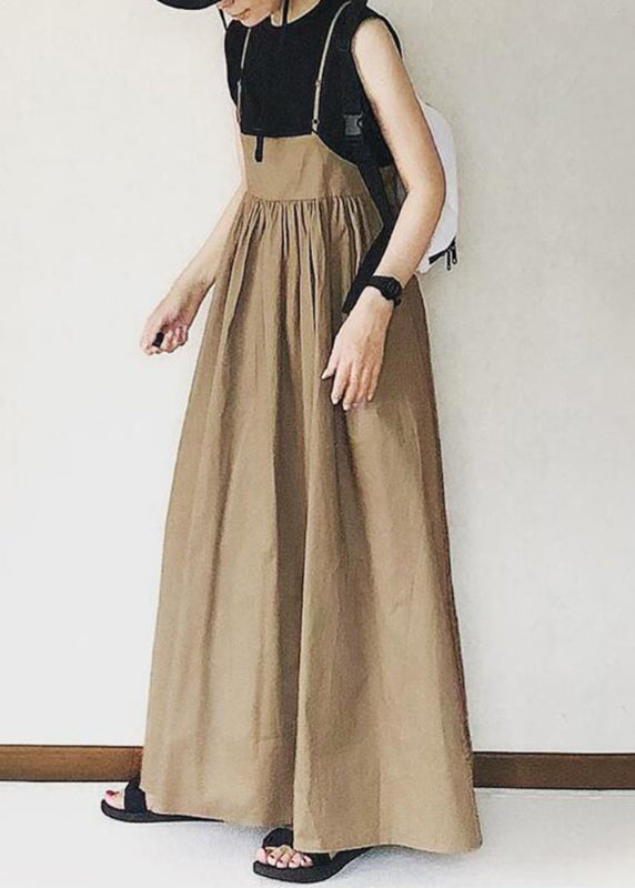 Handmade Khaki Wrinkled Dress Strap Long Patchwork Spaghetti