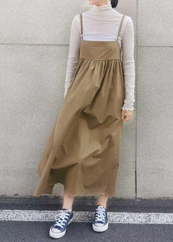 Spaghetti Khaki Patchwork Long Wrinkled Dress Handmade Strap