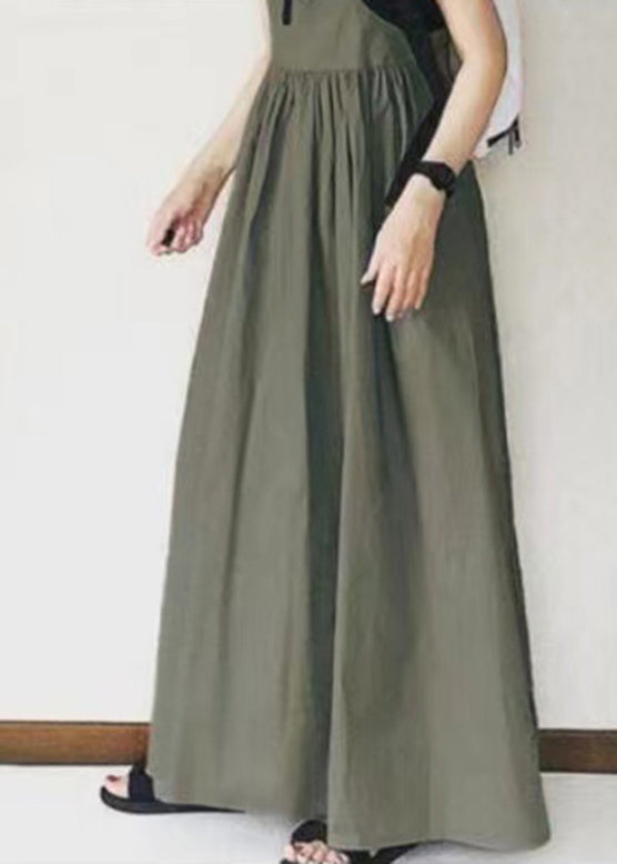 Spaghetti Khaki Patchwork Long Wrinkled Dress Handmade Strap