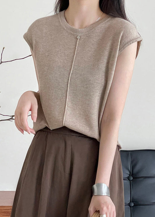 Handmade Light Camel O Neck Woolen Shirt Top Sleeveless WR009