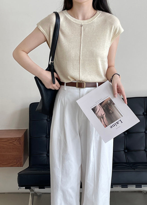 Handmade Light Camel O Neck Woolen Shirt Top Sleeveless WR009