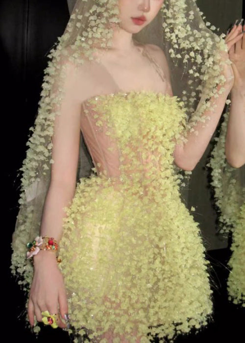 Yellow Handmade Strapless Waist Mid High Dress Tulle Light