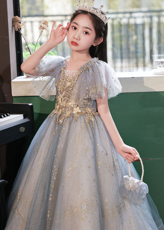 Handmade Little Grey V Neck Sequins Patchwork Tulle Girls Maxi Dress Summer QV019