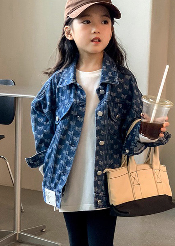 Handmade Navy Peter Pan Collar Print Kids Denim Coat Fall QV041