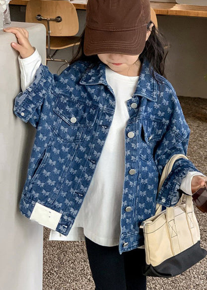 Handmade Navy Peter Pan Collar Print Kids Denim Coat Fall QV041