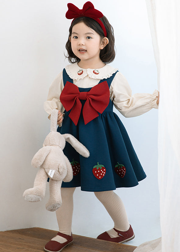 Robe longue sans manches pour fille, patchwork bleu paon fait main, avec nœud et patch TG012