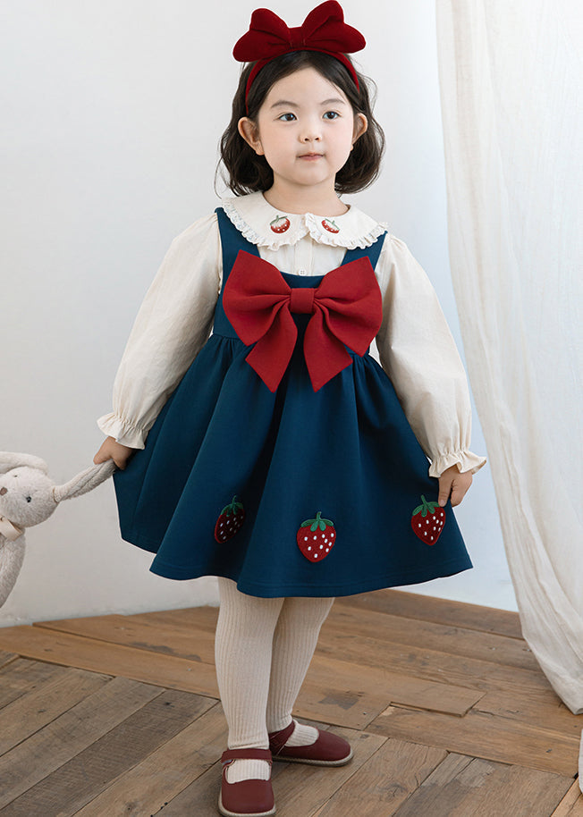 Robe longue sans manches pour fille, patchwork bleu paon fait main, avec nœud et patch TG012