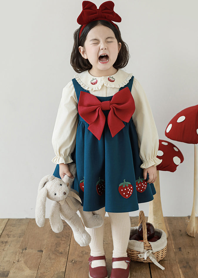 Robe longue sans manches pour fille, patchwork bleu paon fait main, avec nœud et patch TG012