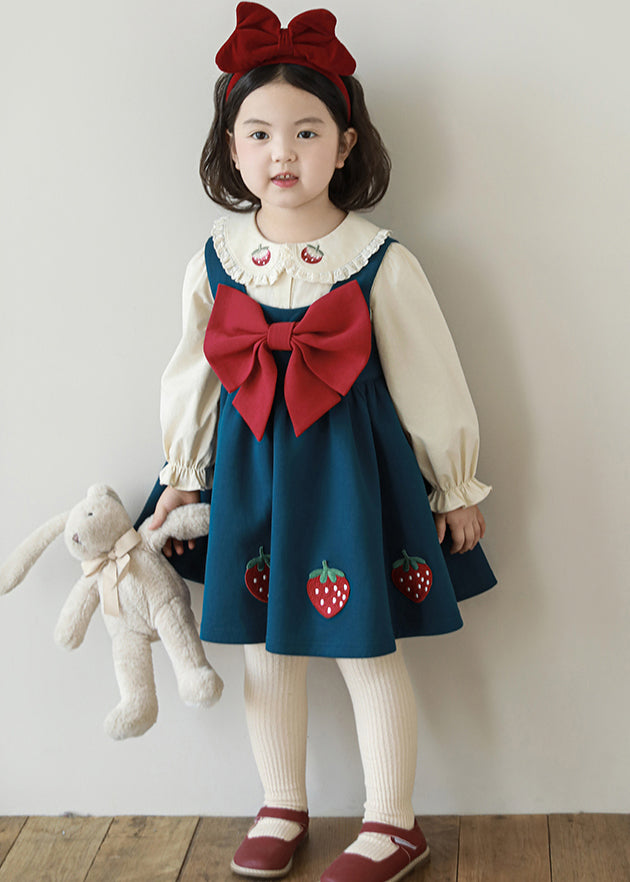 Robe longue sans manches pour fille, patchwork bleu paon fait main, avec nœud et patch TG012