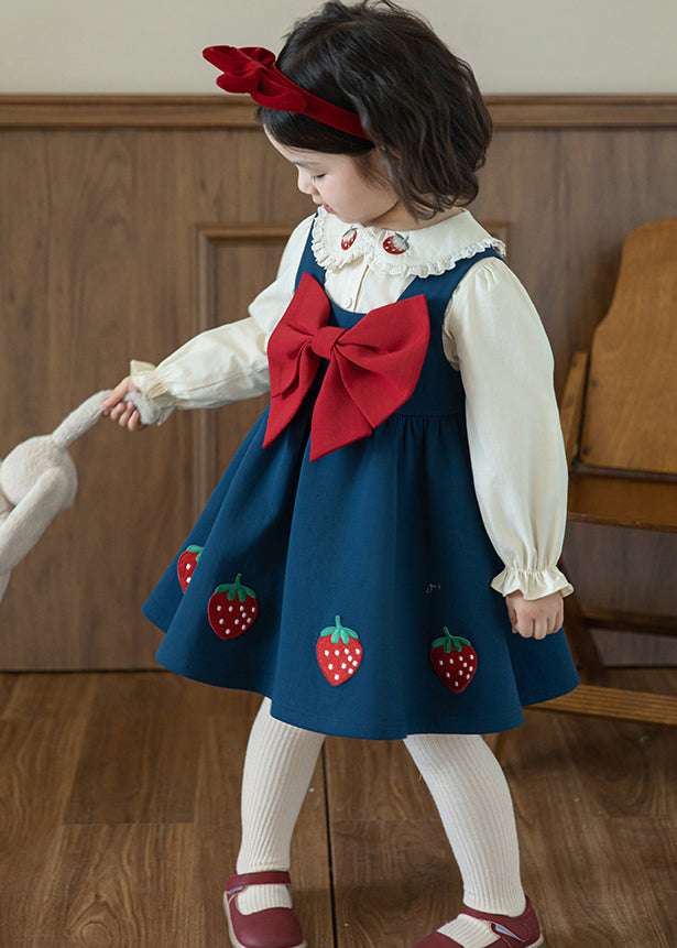 Robe longue sans manches pour fille, patchwork bleu paon fait main, avec nœud et patch TG012