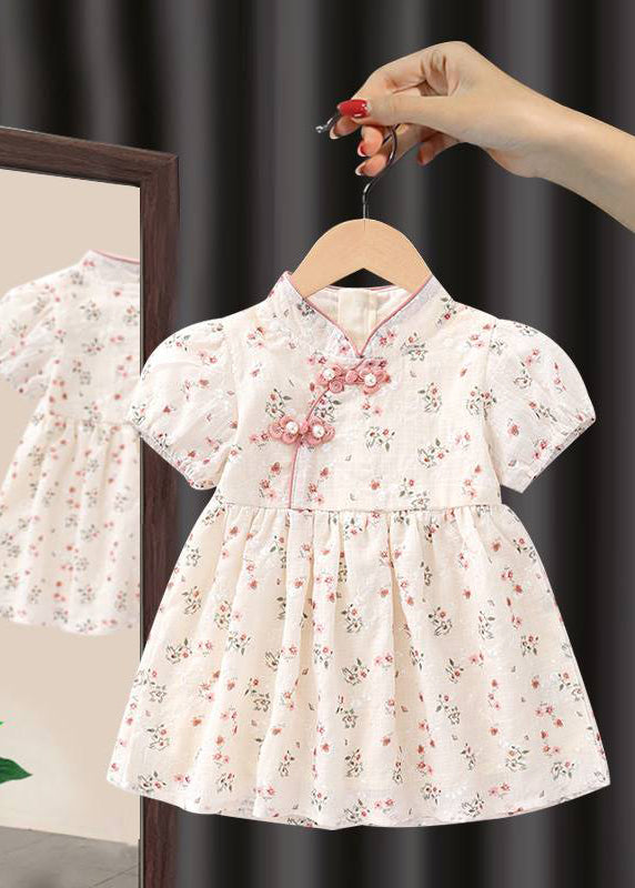 Robe longue à manches courtes pour enfants, faite à la main, rose, col montant, imprimé, MN018