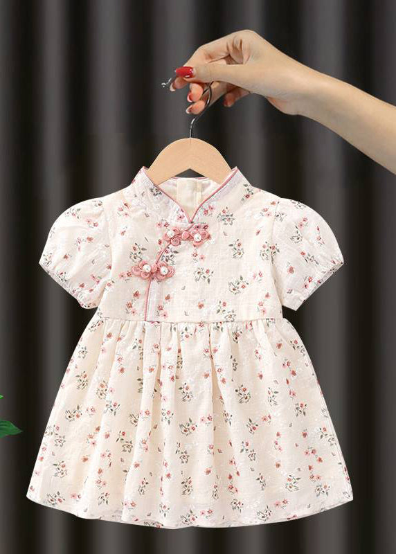 Robe longue à manches courtes pour enfants, faite à la main, rose, col montant, imprimé, MN018