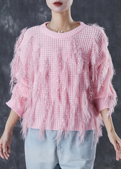 Handmade Pink Tasseled Sequins Knit Sweater Winter Ada Fashion