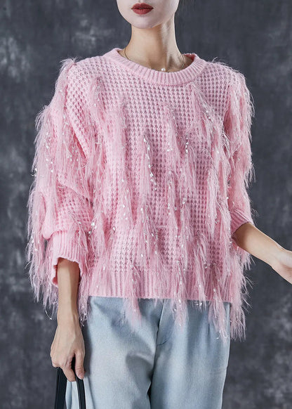 Handmade Pink Tasseled Sequins Knit Sweater Winter Ada Fashion