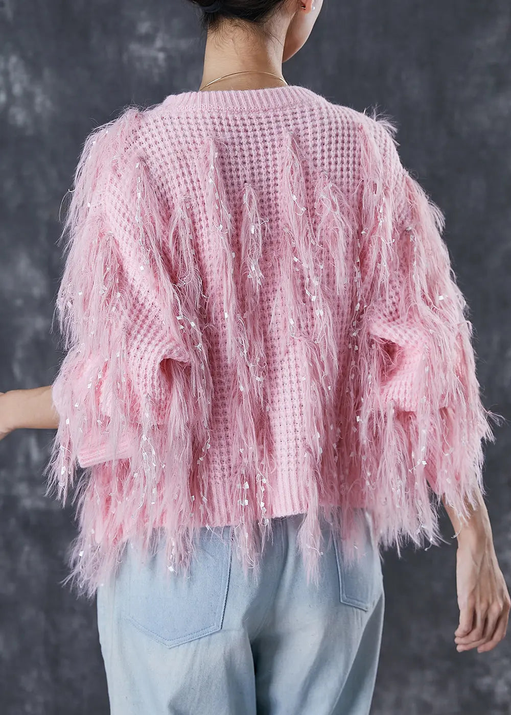 Handmade Pink Tasseled Sequins Knit Sweater Winter Ada Fashion