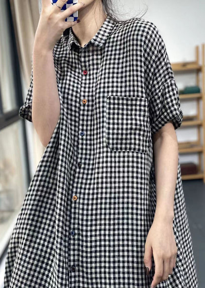 Handmade Red Peter Pan Collar Plaid Cotton Shirts Dress Summer FF009